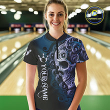 Load image into Gallery viewer, Blue and Black Skull Scroll Women Bowling Polo, Quarter Zip Shirts Custom Skull Team bowling Jersey NQS10939
