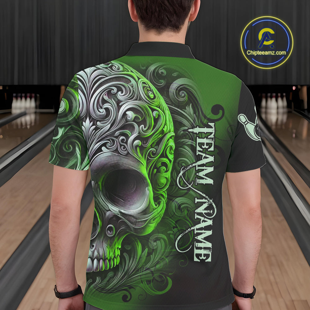 Green and Black Skull Scroll Men Bowling Polo, Quarter Zip Shirts Custom Skull Team bowling Jersey NQS10940