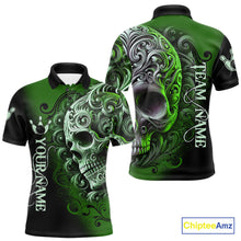 Load image into Gallery viewer, Green and Black Skull Scroll Men Bowling Polo, Quarter Zip Shirts Custom Skull Team bowling Jersey NQS10940