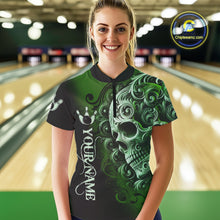Load image into Gallery viewer, Green and Black Skull Scroll Women Bowling Polo, Quarter Zip Shirts Custom Skull Team bowling Jersey NQS10940