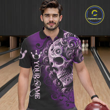 Load image into Gallery viewer, Purple and Black Skull Scroll Men Bowling Polo, Quarter Zip Shirts Custom Skull Team bowling Jersey NQS10941
