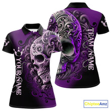 Load image into Gallery viewer, Purple and Black Skull Scroll Women Bowling Polo, Quarter Zip Shirts Custom Skull Team bowling Jersey NQS10941