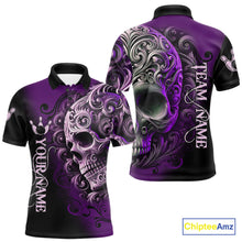 Load image into Gallery viewer, Purple and Black Skull Scroll Men Bowling Polo, Quarter Zip Shirts Custom Skull Team bowling Jersey NQS10941
