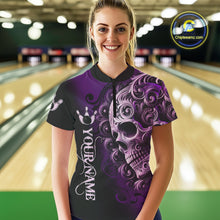 Load image into Gallery viewer, Purple and Black Skull Scroll Women Bowling Polo, Quarter Zip Shirts Custom Skull Team bowling Jersey NQS10941