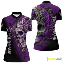 Load image into Gallery viewer, Purple and Black Skull Scroll Women Bowling Polo, Quarter Zip Shirts Custom Skull Team bowling Jersey NQS10941