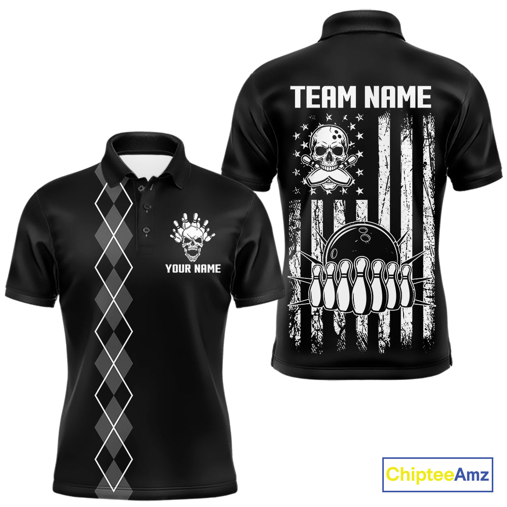 Custom Black and White argyle American Flag Skull retro Mens Bowling Shirts patriotic Team Jerseys NQS11131