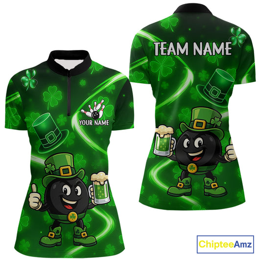 Green shamrock pattern Funny Bowling Shirts For Women Custom St Patrick Day Lucky Team Bowling Jersey NQS11133