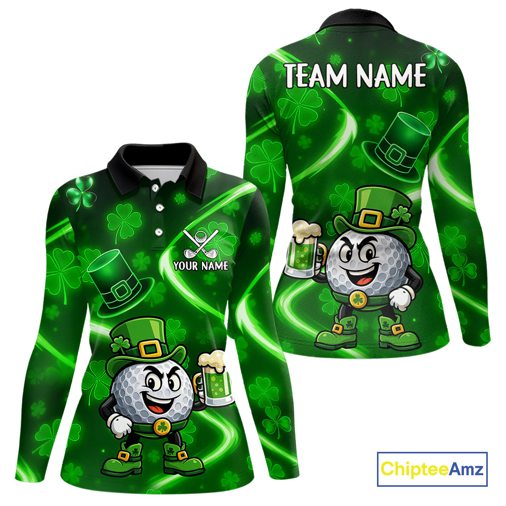 Green shamrock pattern Funny Women Golf Polo Shirts Custom St Patrick's Day Lucky ladies golf outfit NQS11134