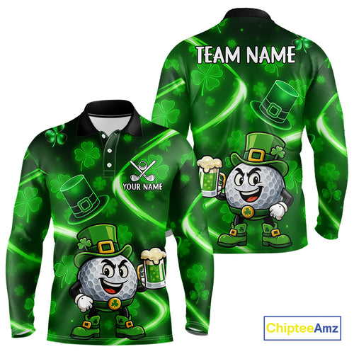 Green shamrock pattern Funny Golf Polo Shirt For Men Custom St Patrick's Day Lucky men's golf outfit NQS11134