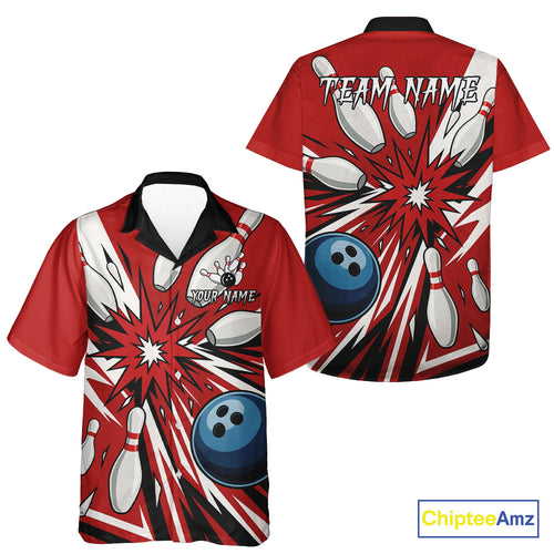 Custom Red Bowling Hawaiian Shirts, Team Bowling Uniforms League Shirts NQS11135