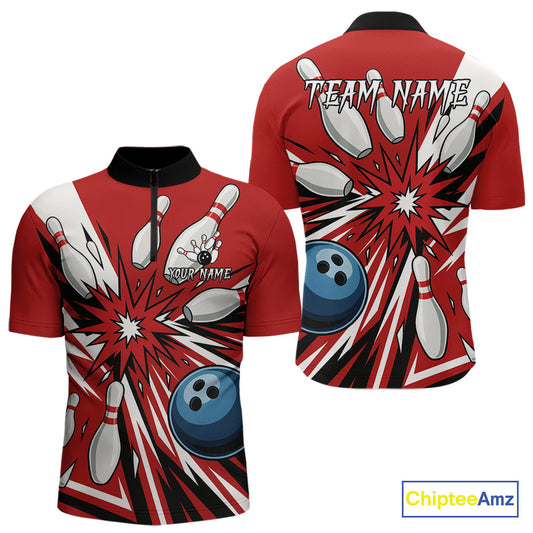 Custom Red Bowling Polo, Quarter Zip Shirts For Men, Team Bowling Uniforms League Shirts NQS11135