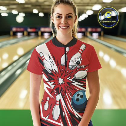Custom Red Bowling Polo, Quarter Zip Shirts For Women, Team Bowling Uniforms League Shirts NQS11135
