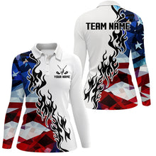 Load image into Gallery viewer, American Flag Fire Flame White Womens golf polos shirts custom patriotic golf attire for women NQS9271