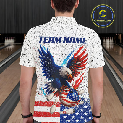 Grunge American Flag Eagle Bowling Polo, 1/4 Zip Shirt For Men Custom patriotic Team Bowling jerseys NQS11327