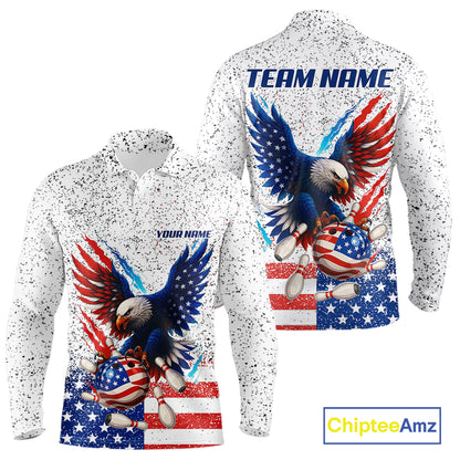 Grunge American Flag Eagle Bowling Polo, 1/4 Zip Shirt For Men Custom patriotic Team Bowling jerseys NQS11327
