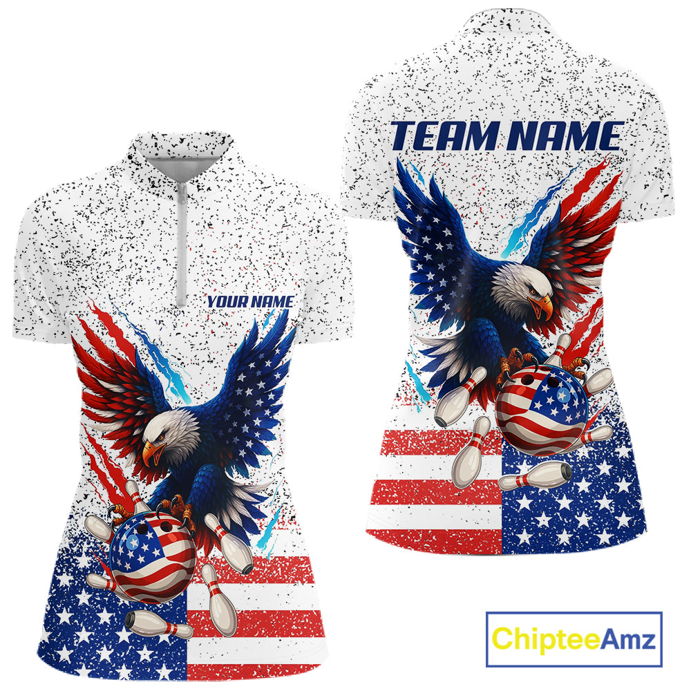 Grunge American Flag Eagle Bowling Polo, 1/4 Zip Shirt For Women Custom patriotic Team Bowling jersey NQS11327