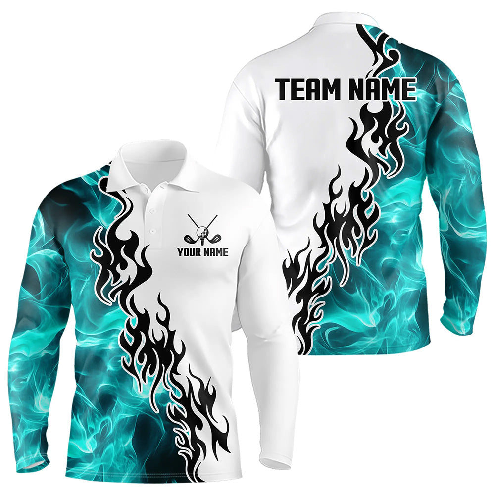 Blue Turquoise Flame pattern Black and White Mens golf polos shirts custom golf attire for men NQS9436
