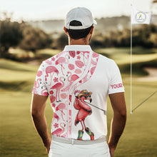Load image into Gallery viewer, Funny White and Pink Flamingo golf polo shirts for men Custom team Flamingo golf outfit, golfer gifts NQS11546