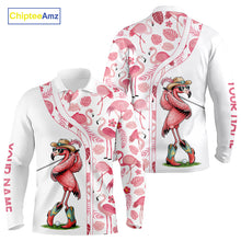 Load image into Gallery viewer, Funny White and Pink Flamingo golf polo shirts for men Custom team Flamingo golf outfit, golfer gifts NQS11546