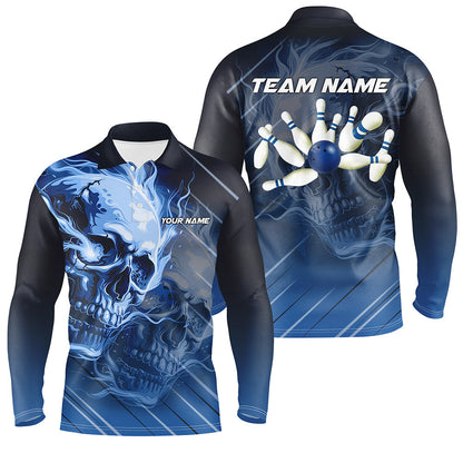 Personalized Skull Bowling Polo, Quarter zip shirts For Men Custom Team Flame Bowler Jerseys | Blue NQS7684