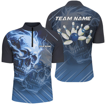 Personalized Skull Bowling Polo, Quarter zip shirts For Men Custom Team Flame Bowler Jerseys | Blue NQS7684
