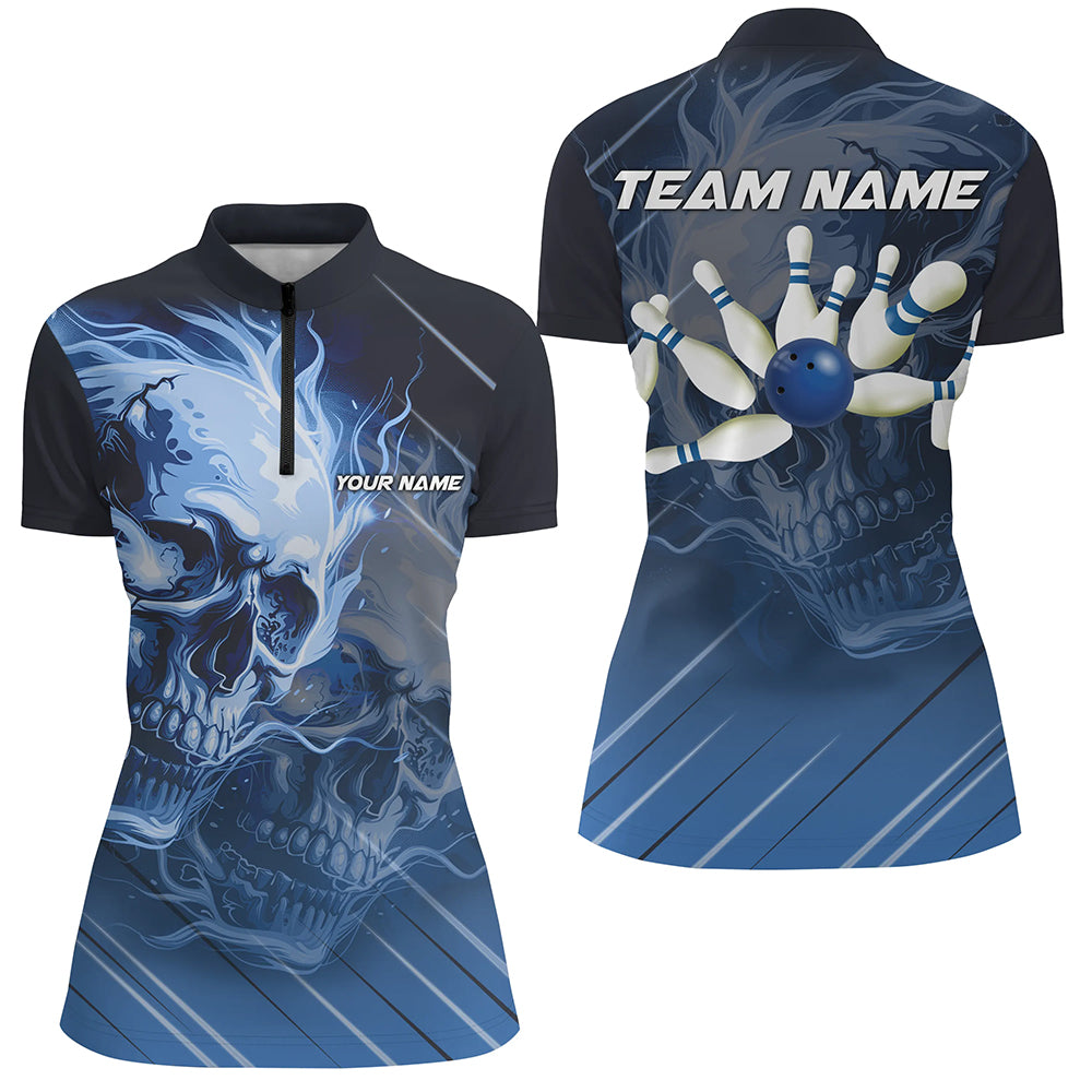 Personalized Skull Bowling Polo, Quarter zip shirts For Women Custom Team Flame Bowler Jerseys | Blue NQS7684