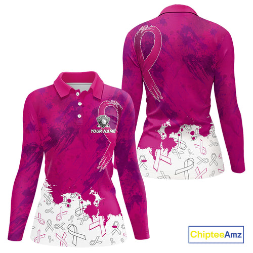 Pink Ribbons pattern Women golf polo shirts custom ladies's breast cancer awareness polo shirts NQS10319