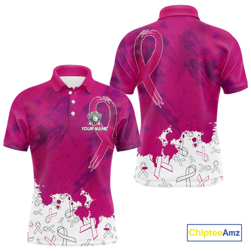 Pink Ribbons pattern Mens golf polo shirts custom men's breast cancer awareness polo shirts NQS10319