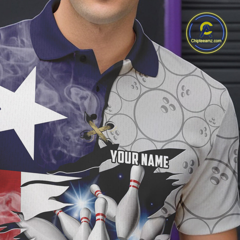 Smoke Texas Flag Gray Camo Bowling Polo, 1/4 Zip shirt for men Custom patriotic Team bowling jersey NQS10532