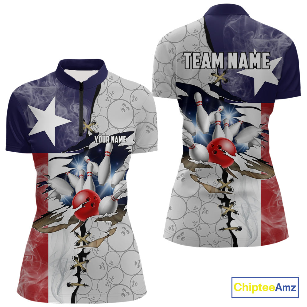 Smoke Texas Flag Gray Camo Bowling Polo, 1/4 Zip shirt for Women Custom patriotic Team bowling jersey NQS10532