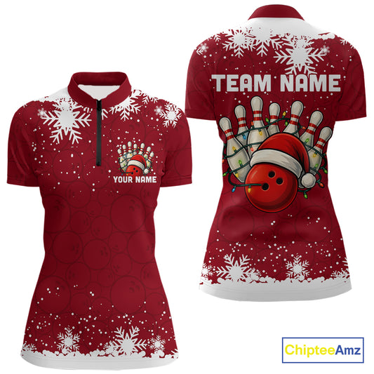 Red Christmas Bowling snowflake Women's Bowling Polo, Quarter Zip shirts Custom Xmas Bowling Outfits NQS10949