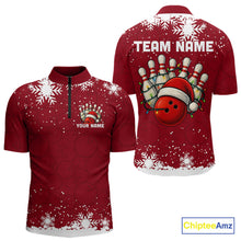 Load image into Gallery viewer, Red Christmas Bowling snowflake Men&#39;s Bowling Polo, Quarter Zip shirts Custom Xmas Bowling Outfits NQS10949