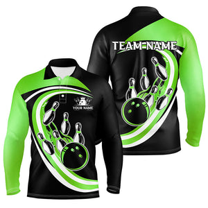 Black and Green Bowling Polo, 1/4 Zip Shirt For Men Custom Bowling Team League Jersey, Gift For Bowler NQS9043