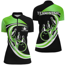 Load image into Gallery viewer, Black &amp; Green Bowling Polo, 1/4 Zip Shirt For Women Custom Bowling Team League Jersey, Gift For Bowler NQS9043