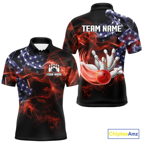 Personalized US Flag Smoke Bowling Shirts For Men Custom Patriotic Team Bowling Jerseys NQS11136