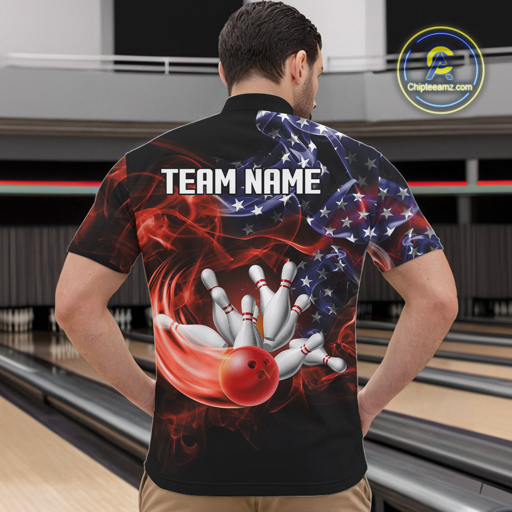 Personalized US Flag Smoke Bowling Shirts For Men Custom Patriotic Team Bowling Jerseys NQS11136
