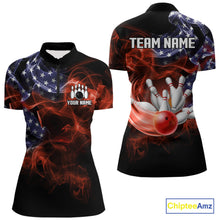 Load image into Gallery viewer, Personalized US Flag Smoke Bowling Shirts For Women Custom Patriotic Team Bowling Jerseys NQS11136
