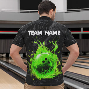 Black Camo Panther Green Flame Bowling Polo, 1/4 Zip Shirts For Men Custom Bowling Team League Jersey NQS9442