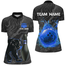 Load image into Gallery viewer, Black Camo Panther Blue Flame Bowling Shirts For Women Custom Bowling Team League Jersey NQS9443