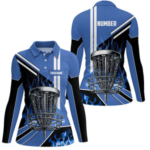 Women disc golf polo shirts custom blue flame disc golf basket frisbee golf outfit, disc golf apparel NQS7358