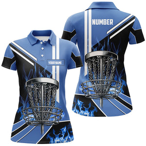 Women disc golf polo shirts custom blue flame disc golf basket frisbee golf outfit, disc golf apparel NQS7358