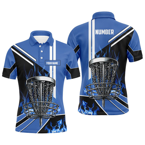 Mens disc golf polo shirt custom blue flame disc golf basket frisbee golf outfit, disc golf apparel NQS7358