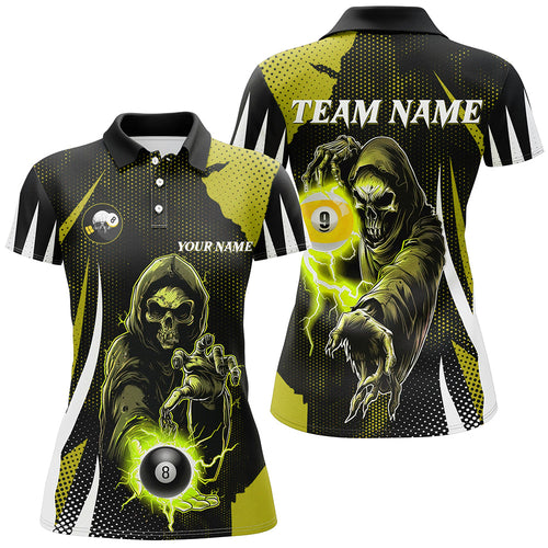 Funny Yellow Death Skeleton With Billiard 8 Ball & 9 Ball Women Polo Shirts Custom Billiard Team Jersey TDM1341