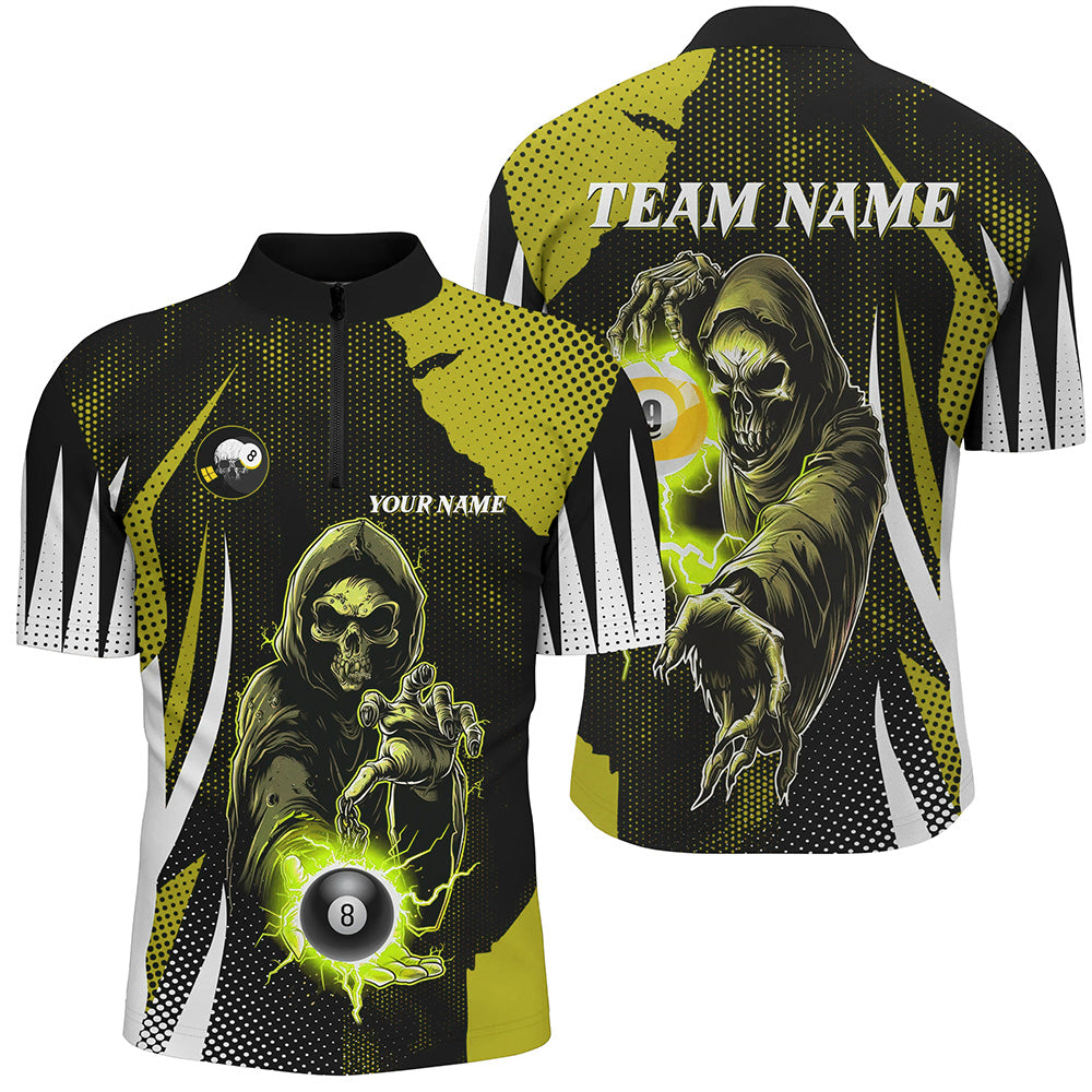 Funny Yellow Death Skeleton Billiard 8 Ball & 9 Ball Men Quarter-Zip Shirt, Billiard Jersey TDM1341