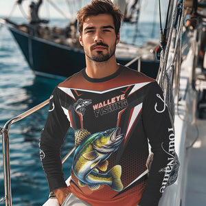 Black and Orange Walleye Long Sleeve Fishing Shirt, Personalized Walleye Fishing Tounament Jersey NQS9772