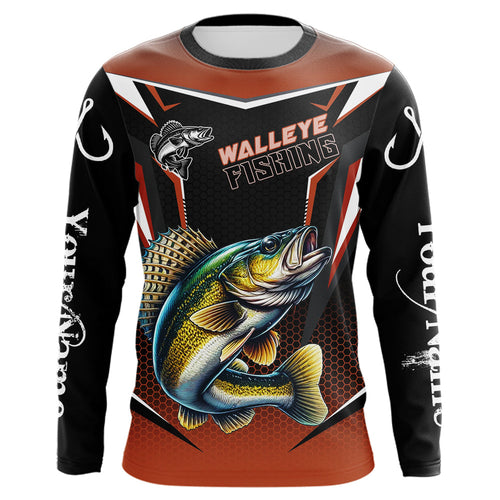 Black and Orange Walleye Long Sleeve Fishing Shirt, Personalized Walleye Fishing Tounament Jersey NQS9772