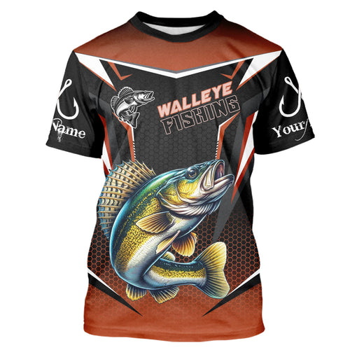 Black and Orange Walleye Long Sleeve Fishing Shirt, Personalized Walleye Fishing Tounament Jersey NQS9772