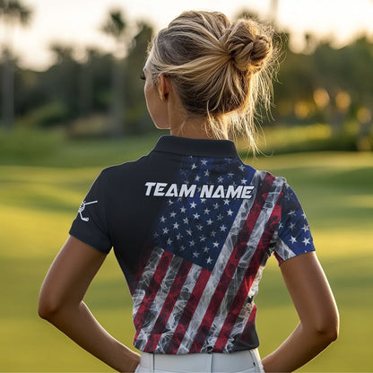 Smoke American Flag Black Golf Polo shirt for Women Custom patriotic Team golf uniform jersey NQS9780