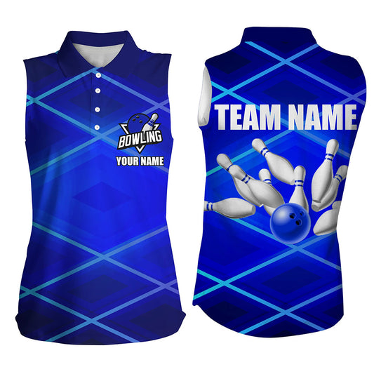 Women Sleeveless Polo Shirt Custom neon blue bowling team league jerseys, gifts for bowlers NQS7540