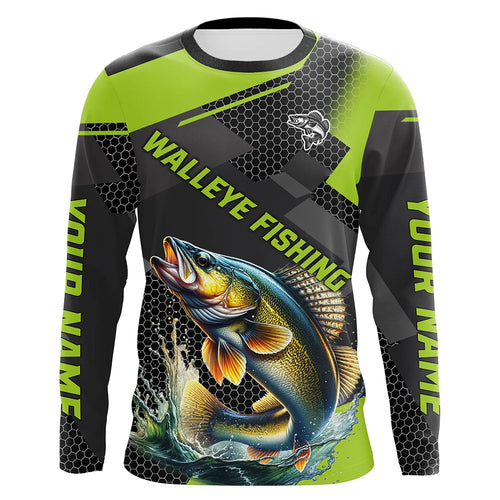 Personalized Walleye Fishing Jerseys, Walleye Long Sleeve Fishing Tournament Shirts | Green NQS7542